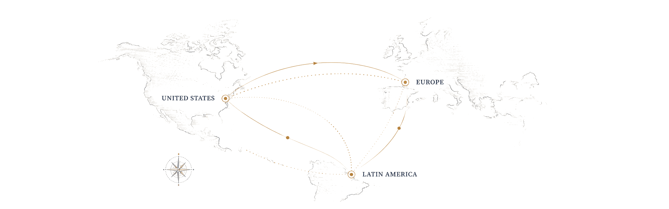 Editorial world map showing trade-corridor arcs between the United States, Europe, and Latin America