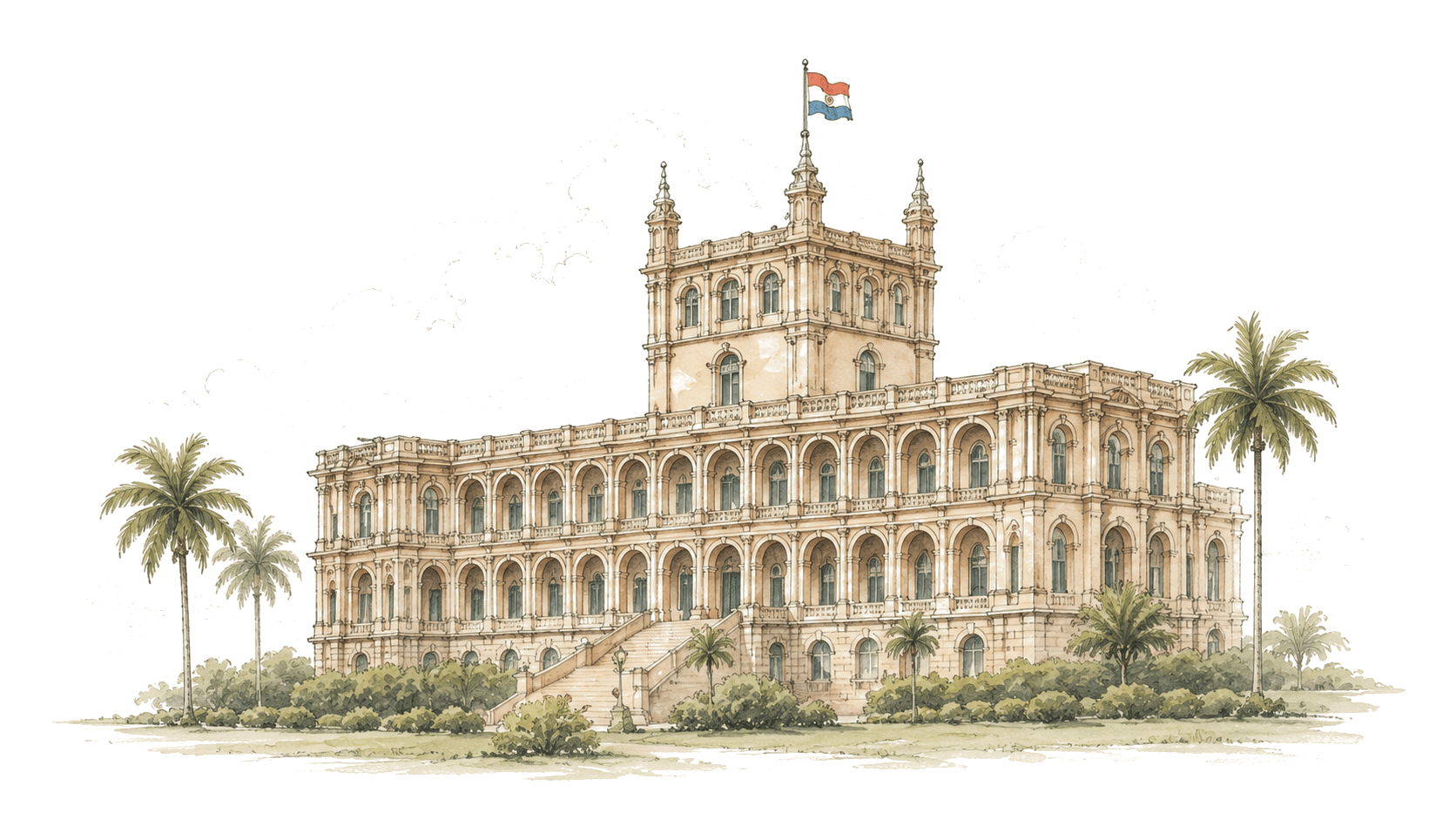 Palacio de López, Asunción - editorial watercolour illustration