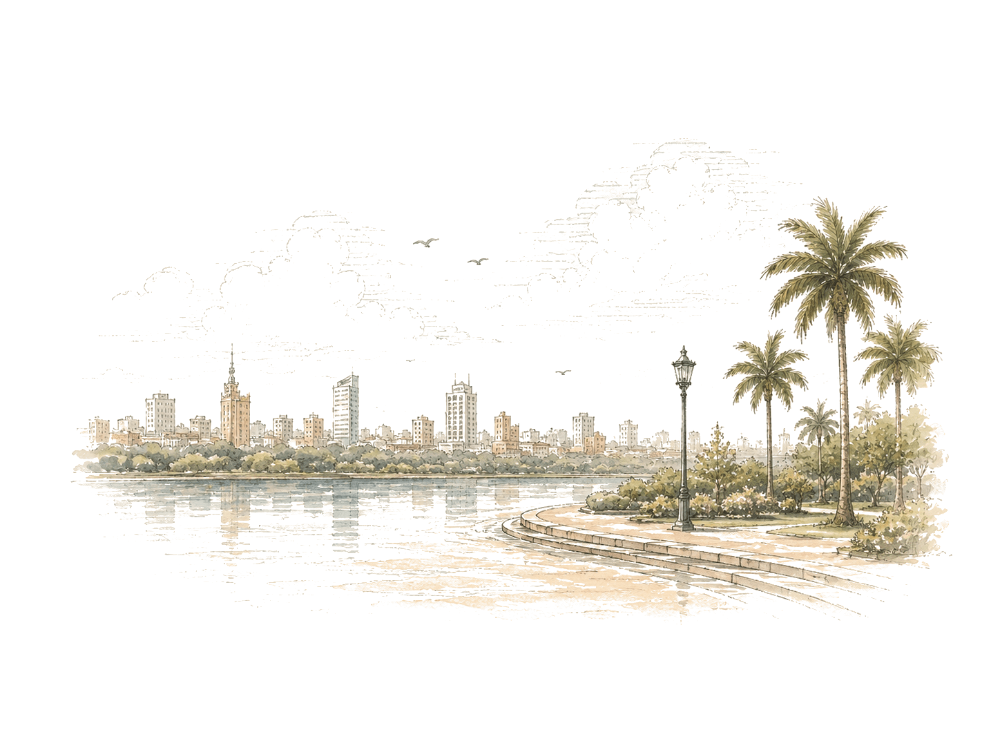 Asunción riverside - palms and skyline, editorial watercolour