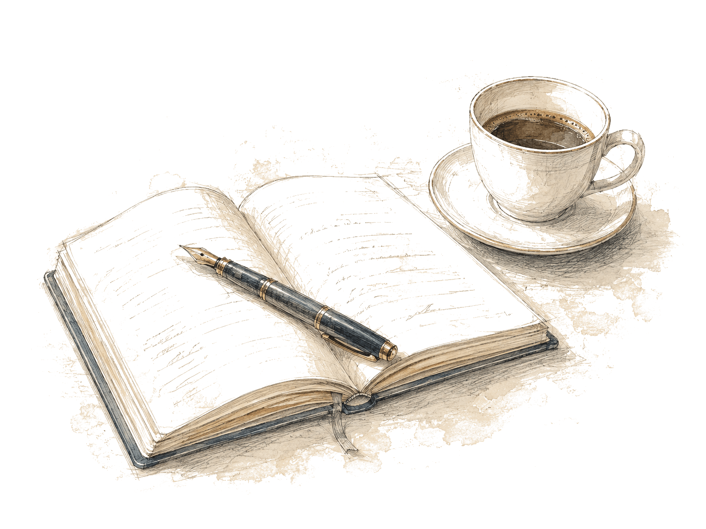 Open notebook with a fountain pen and a cup of coffee - editorial watercolour