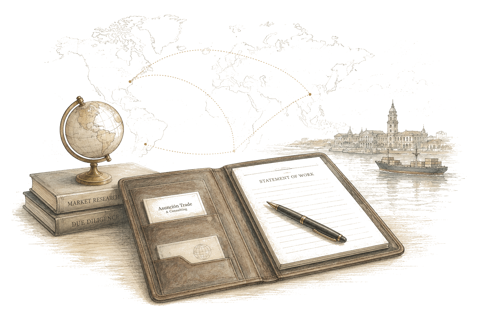 Statement of Work portfolio with globe, Market Research and Due Diligence reference volumes - editorial illustration of a typical engagement